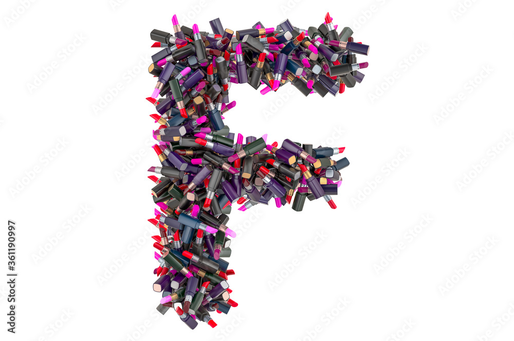 Letter F from colored lipsticks, 3D rendering
