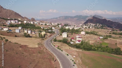 Sebinkarahisar city in north center Turkey in drought mountains landscape.  Aerial drone wide view at summer sunny day photo