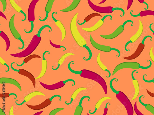 Chili pepper seamless pattern. Spicy spice for dishes. Background for menu, print advertising products, wrapping paper and banners. Vector illustration