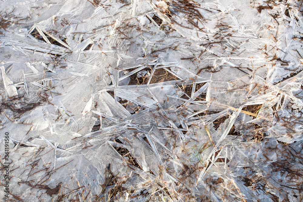 fragment of frozen river surface with delicate ice cracked due weather as background fragment of frozen river surface with delicate ice cracked due weather as background