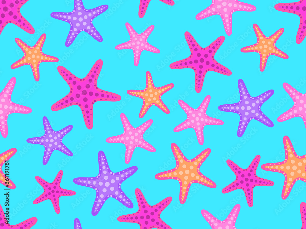 Seamless pattern with colorful starfish on a blue background. For promotional products, wrapping paper and printing. Vector illustration