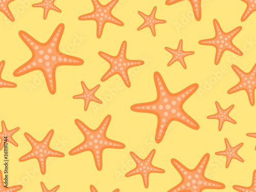 Starfish seamless pattern on a sandy beach. Summer background for promotional products, wrapping paper and printing. Vector illustration