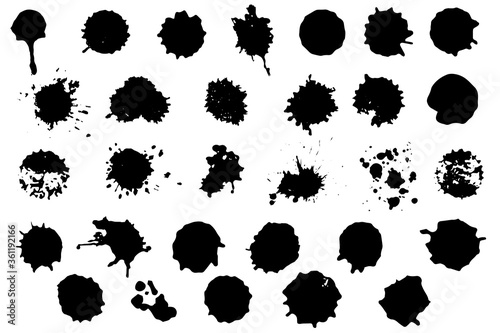 Set of vector ink blots. Hand-drawn drops, splashes, dots, spots, prints. Isolated on white background. Black dirty texture. Design elements