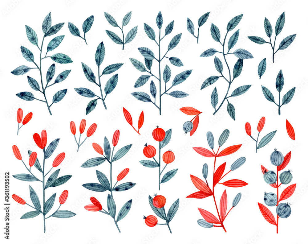 Set of watercolor branches in blue and red colors. Perfect for invitations, greeting cards, posters and others purposes. Set of watercolor branches in blue and red colors. Perfect for invitations, greeting cards, posters and others purposes.