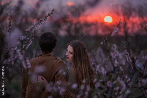 Young couple in love hug and kiss on the background of blooming gardens during sunset. A beautiful girl looks at the camera, a man kisses her on the lips and forehead. Wedding anniversary celebration,