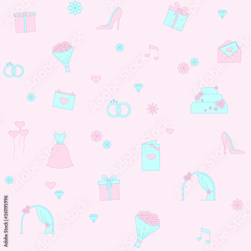 Seamless vector pattern with balloons, music notes, wedding cake, flower, wedding dress, fiancee's bouquet, decorated cake, gift box with bow, arch for ceremony, rings, diamonds, gems, calendar icon