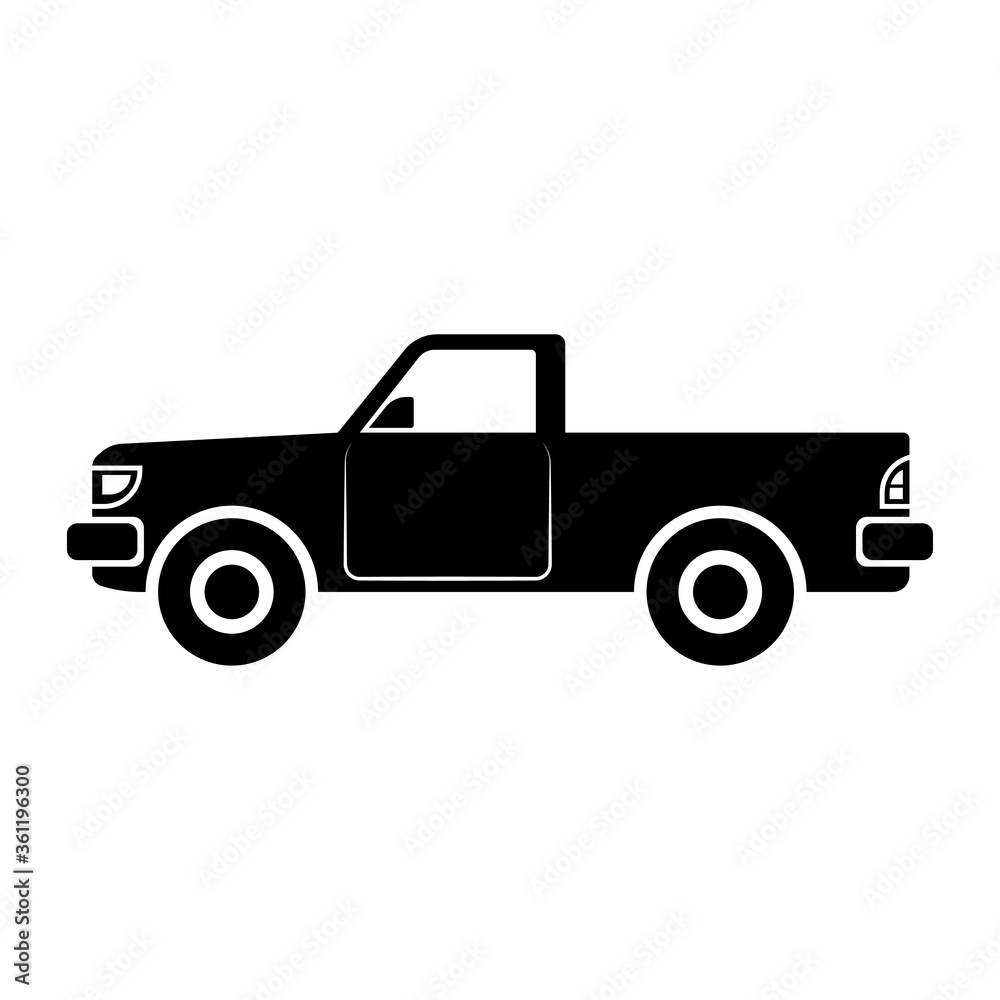 Pickup truck icon. Side view. Black silhouette. Vector flat graphic illustration. Isolated object on a white background. Isolate.