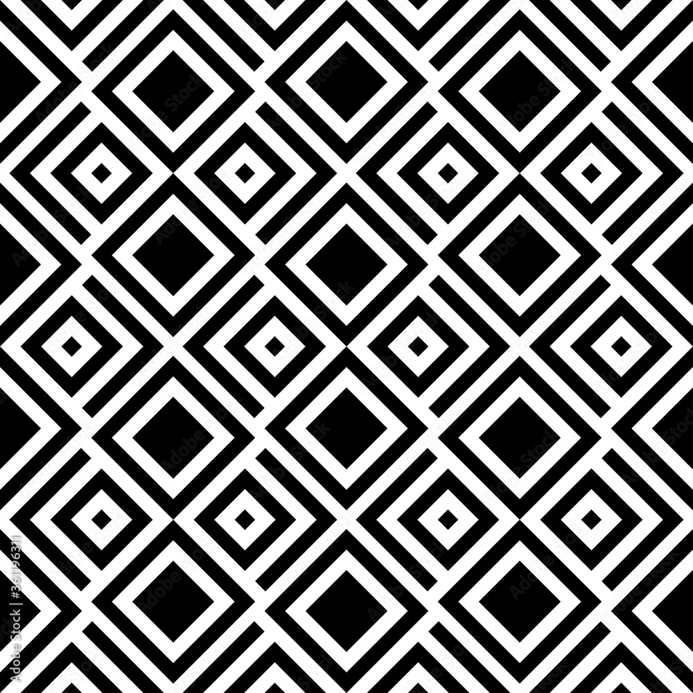Black squares and rhombuses isolated on white background. Geometric monochrome seamless pattern. Vector flat graphic illustration. Texture.