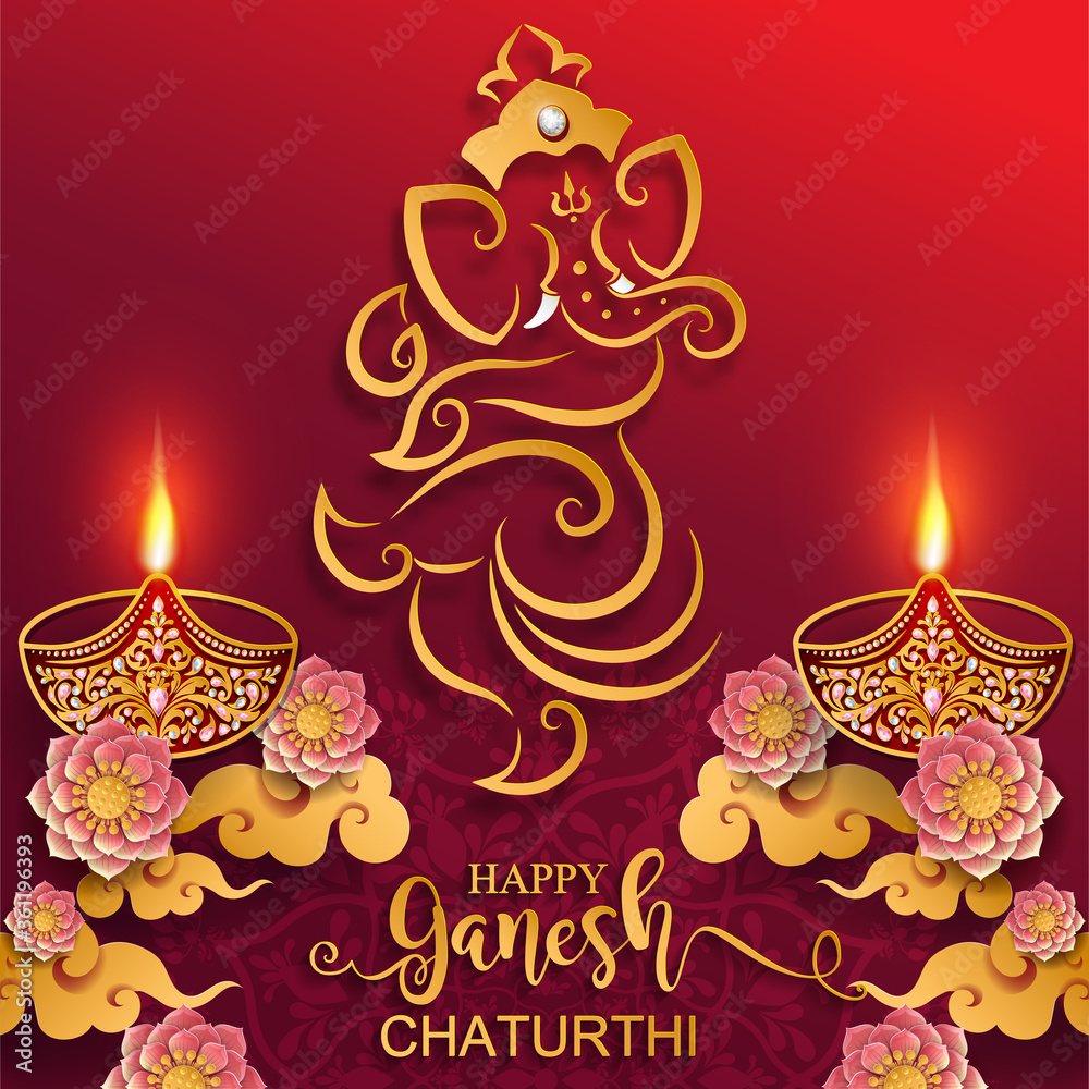 Festival of Ganesh Chaturthi with golden shiny Lord Ganesha patterned and crystals on paper color Background.