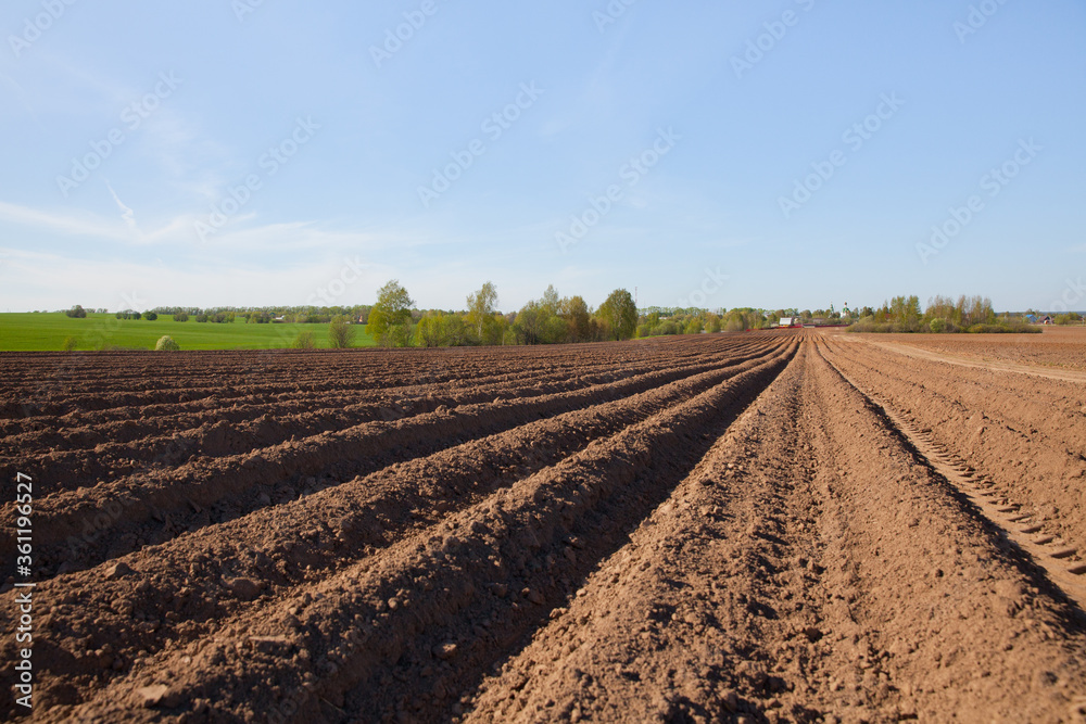 Colours of spring - ploughed field ready to sow. Plowed field of potato in countryside. Agricultural fields in Russia. Colours of spring - ploughed field ready to sow. Plowed field of potato in countryside. Agricultural fields in Russia.