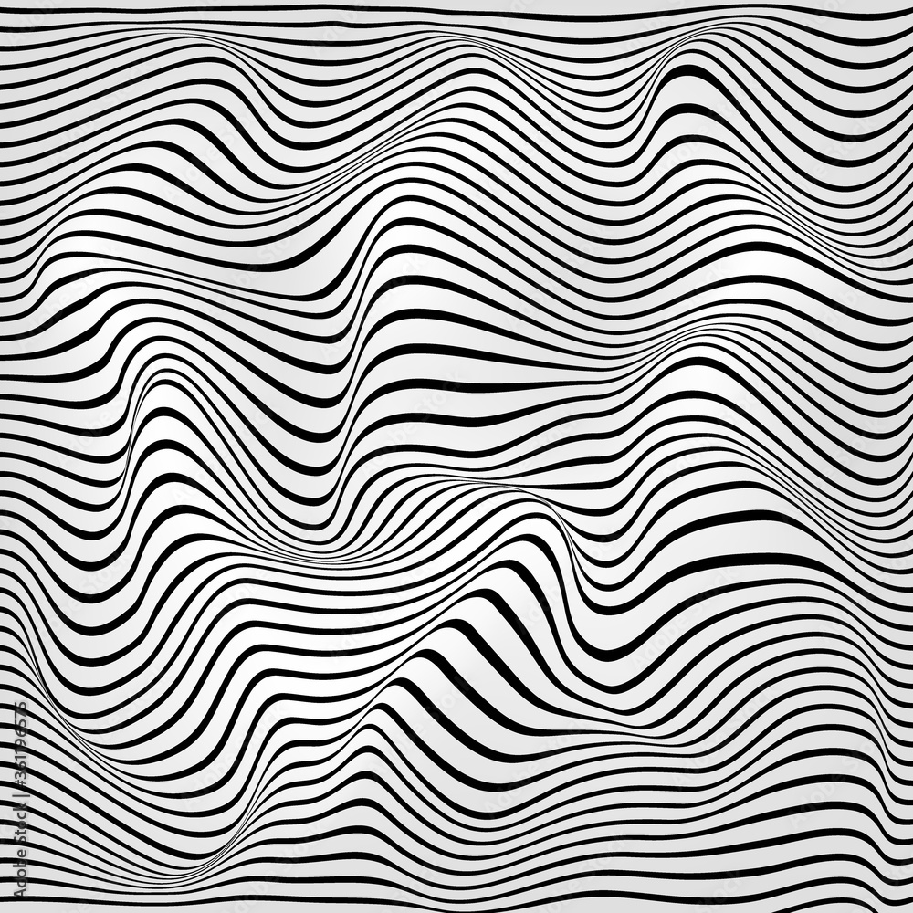 Distorted abstract wave monochrome textured. Dynamical rippled surface. Stripe deformation background. Vector illustration. Isolated on white background.