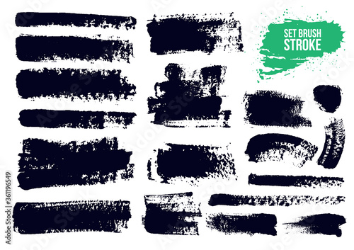 Brush strokes text boxes set. Paintbrush grunge design elements. Dirty artistic design elements, boxes, frames. Ink splatters. Painted objects. Vector illustration. Isolated on white background.