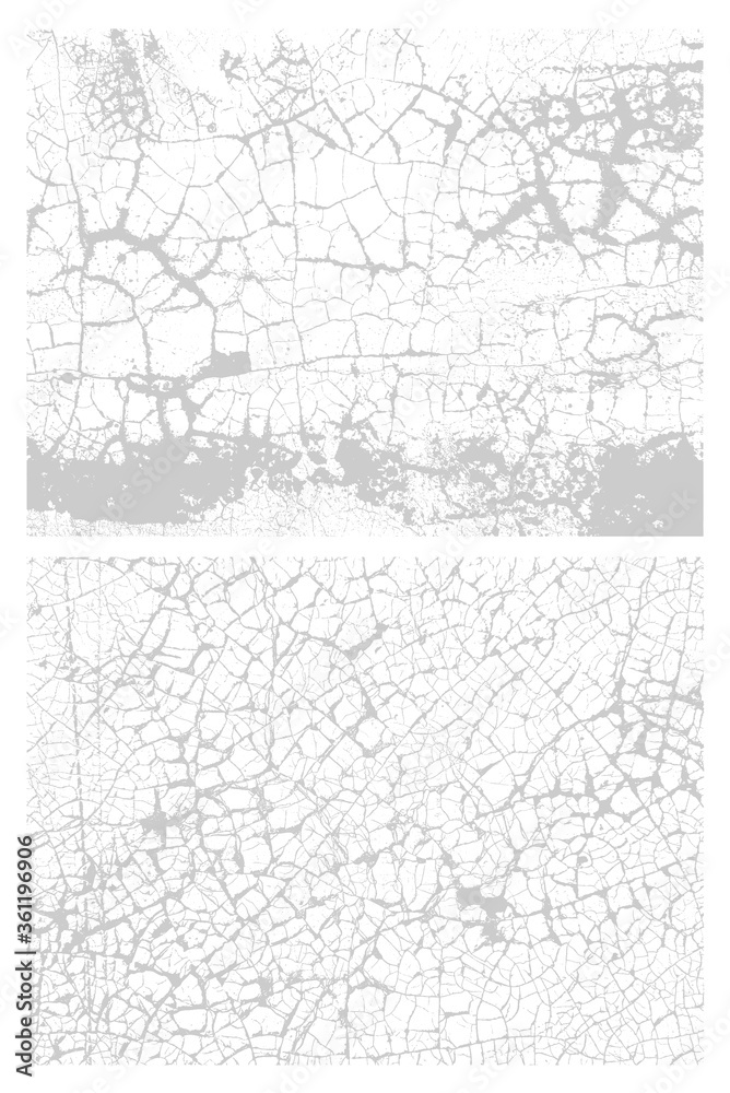 White distressed overlay texture of cracked concrete, stone or asphalt. Light gray grunge background. Abstract halftone vector illustration. Isolated on white background.