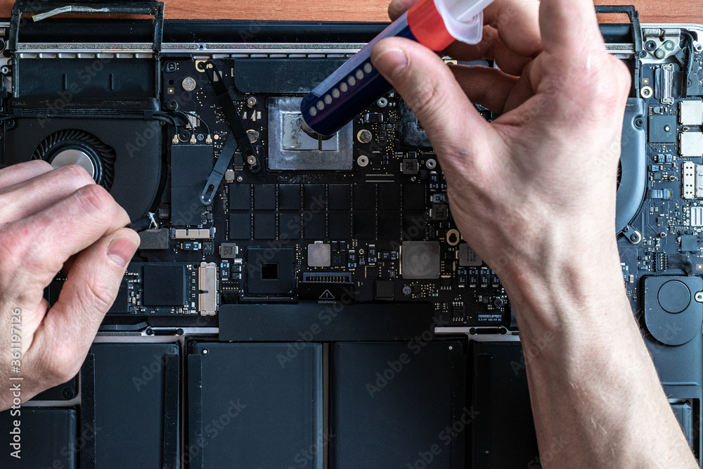 Computer technology. Electronic hardware repair, pc service and maintenance from technician engineer man. Digital chip equipment support.