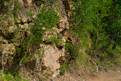 Rocky hill. View of sandstone, remains of a mine. Rocky hill covered with trees and vegetation.