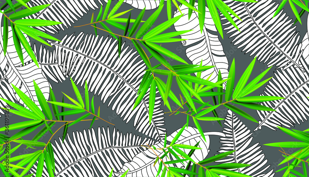 Fototapeta Vector seamless pattern with compositions of hand drawn tropical flowers, palm leaves, jungle plants, paradise bouquet. Beautiful black and white sketched floral endless background