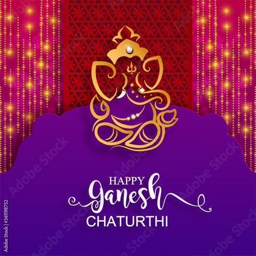Festival of Ganesh Chaturthi with golden shiny Lord Ganesha patterned and crystals on paper color Background.