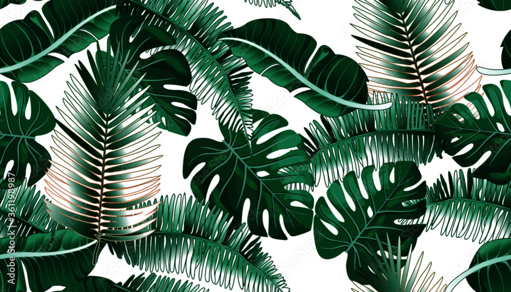 Fototapeta Tropical palm leaves, jungle leaf seamless vector floral pattern background