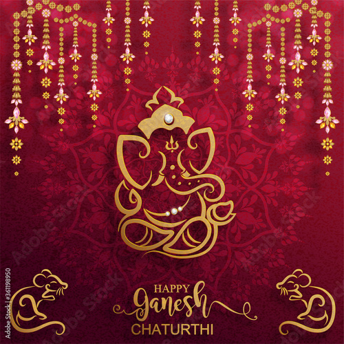 Festival of Ganesh Chaturthi with golden shiny Lord Ganesha patterned and crystals on paper color Background.
