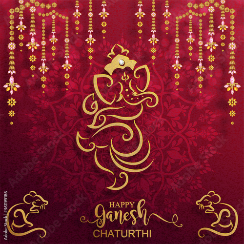 Festival of Ganesh Chaturthi with golden shiny Lord Ganesha patterned and crystals on paper color Background.