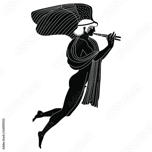 Ancient Greek winged god of love Eros. Amur or Cupid playing flute. Black and white silhouette.