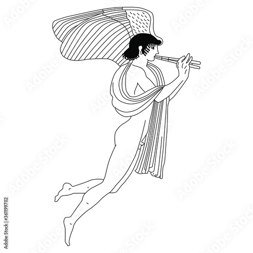 Ancient Greek winged god of love Eros. Flying Amur or Cupid playing flute. Black and white linear silhouette.