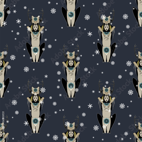 Seamless pattern with fantastic characters and winter snowflakes. Young shaman girl with deer antlers and coyote totem trickster animal man. Female and male archetypes. Native American Christmas.