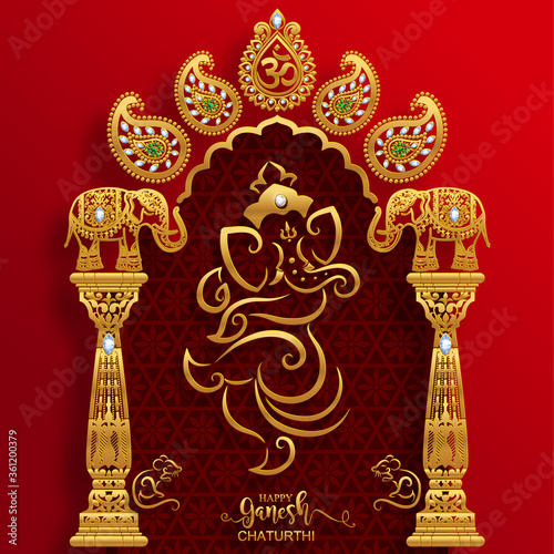 Festival of Ganesh Chaturthi with golden shiny Lord Ganesha patterned and crystals on paper color Background.