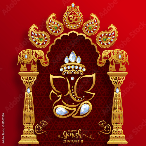 Festival of Ganesh Chaturthi with golden shiny Lord Ganesha patterned and crystals on paper color Background.