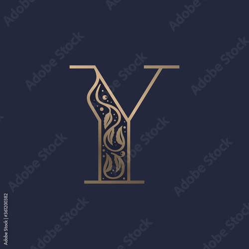 Vintage Y letter logo with premium decoration. Classic line serif font.