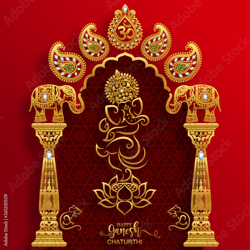 Festival of Ganesh Chaturthi with golden shiny Lord Ganesha patterned and crystals on paper color Background.