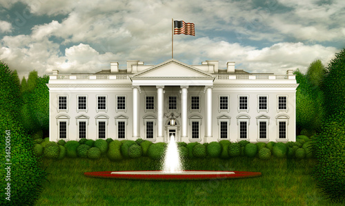 North View of the White House with Trees and Fountain– 3D Illustration