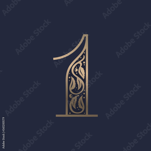 Vintage number one logo with premium decoration. Classic line serif font.