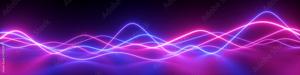 3d render, abstract panoramic background with pink blue wavy lines. Glowing neon light, impulse equalizer chart in ultraviolet spectrum 3d render, abstract panoramic background with pink blue wavy lines. Glowing neon light, impulse equalizer chart in ultraviolet spectrum