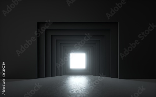 Fototapeta Naklejka Na Ścianę i Meble -  3d render, white light in the black room. Square geometric frame, empty theater stage with floor reflection