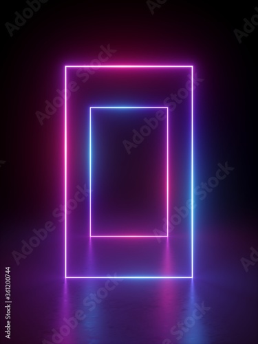 3d render, abstract minimal geometric background. Glowing neon lines. Tunnel, corridor, stage illumination, fashion podium. Blank rectangular frame with copy space
