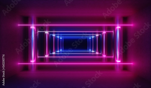 Wallpaper Mural 3d render, abstract background, empty corridor illuminated with bright pink neon light. Torontodigital.ca