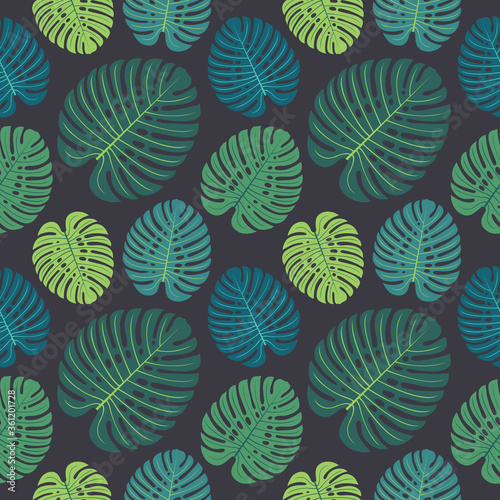Tropical colorful monstera leaves on repeat pattern. Great for summer exotic wallpaper, backgrounds, packaging, fabric, and giftwrap projects. Surface pattern design.