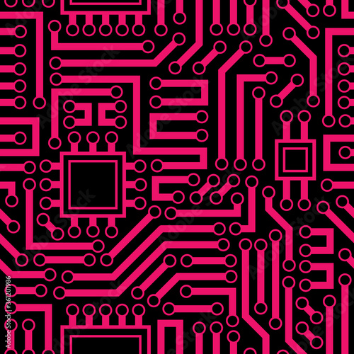 Tech circuit board electronic seamless repeat background. Great for information technology wallpaper, backgrounds, modern packaging, and hardware computer illustration. Surface pattern design.