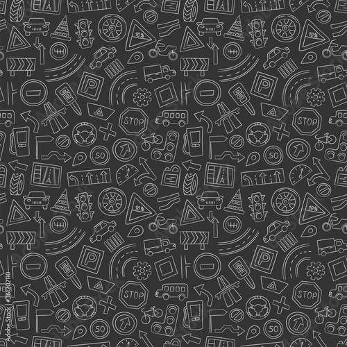 Cars, road objects, traffic signs and automobile symbols. Seamless pattern in doodle style. Hand drawn vector illustration. Chalkboard