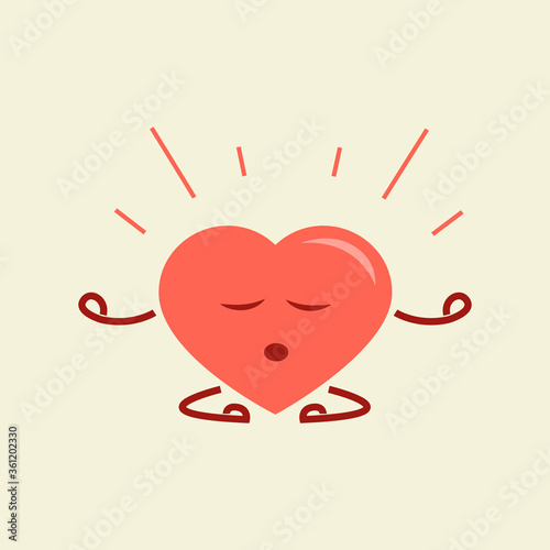 Cute red heart with face in meditation pose. Healthy heart flat vector icon illustration isolated on background. Cartoon character 