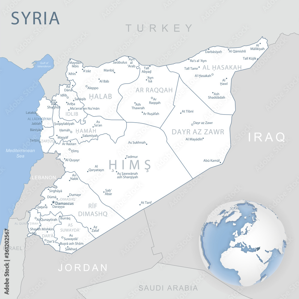 Blue-gray detailed map of Syria administrative divisions and location on the globe.