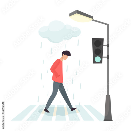 Upset man crosses the road. The sadness and annoyance of man. Vector illustration in cartoon flat style. © EkaterinaGr