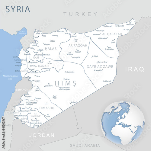 Blue-gray detailed map of Syria administrative divisions and location on the globe.