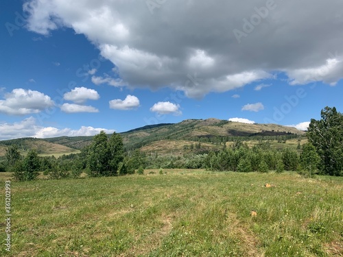 Panoramic view. Beautiful summer landscape. Mountains, blue sky and green fields, forest. A group of clouds in the sky. Peaks landskape background. Tourism, journey, hiking concept.