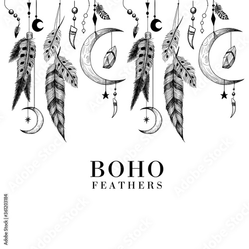 Detailed feathers in boho style.