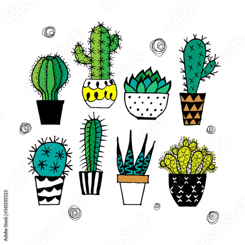 Doodle textured cactuses set.