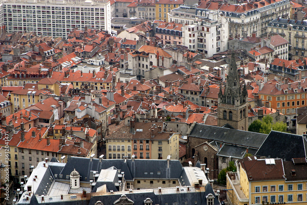 Grenoble city panorama from La Bastille Hill in France.
