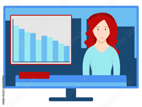 Television news show release about statistics information. Breaking news on TV with descending graph, crisis in economy. Woman host talking about current situation. 