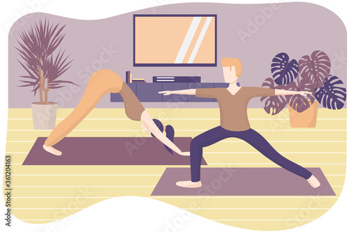 Man and woman happy do relaxing yoga exercises together at home. Partner sport indoors. Stretching practice training on mat, do calming asana poses. 